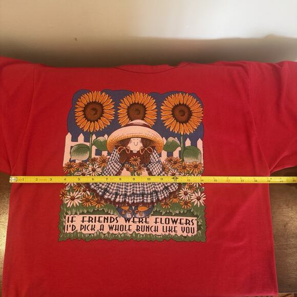 Vintage 90's Women's Medium Red T Shirt Sunflowers Friends Cottage Core Country - Picture 8 of 11